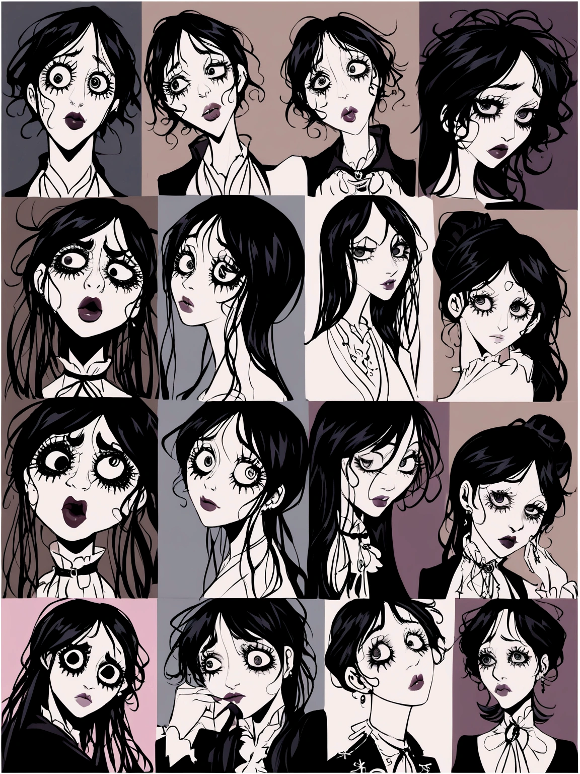 adult woman, Vulgar, long black hair to the sides, tired expression, art style drawing gothic tim burton, portraite, semi-realistic