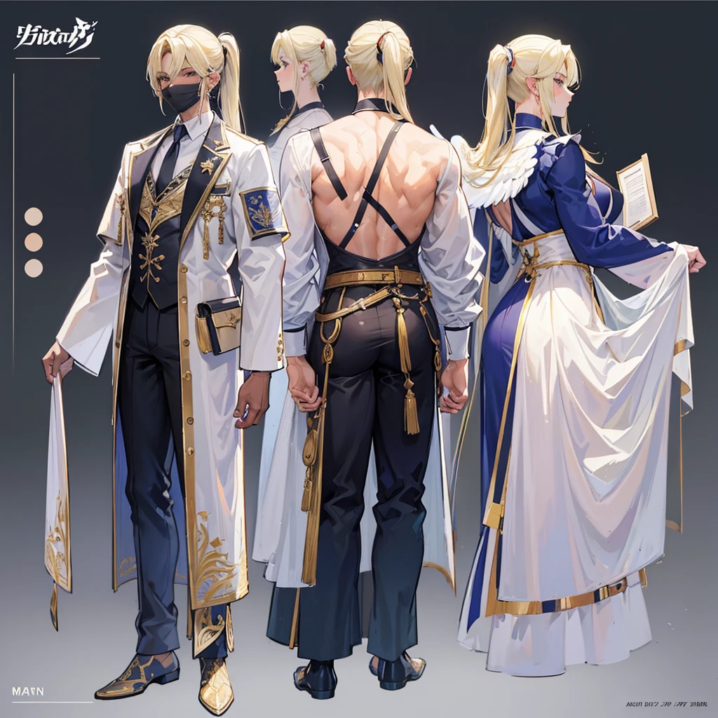 (Masterpiece, best quality), detailed, 1 man, ((character concept art)), ((character design sheet, same character, front, side, back)), full body, body complete, 1 Male angel, 1 Man angel, Detailed face, character design sheet，full bodyesbian, Highly detailed, character sheet, character design, Many parts, dark skin, angel wings, long ponytail blonde hair, angel outfit, muscle male god, male clothes, masculine, muscle man, male muscle, manly, male angel, Muscle male with long ponytail blonde hair，beautiful man, beautiful muscle man