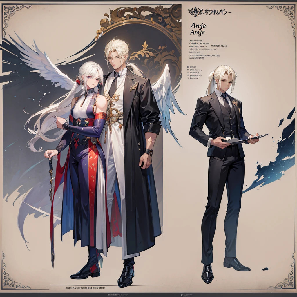 (Masterpiece, best quality), detailed, 1 man, ((character concept art)), ((character design sheet, same character, front, side, back)), full body, body complete, 1 Male angel, 1 Man angel, Detailed face, character design sheet,full bodyesbian, Highly detailed, character sheet, character design, Many parts, dark skin, angel wings, long ponytail blonde hair, angel outfit, muscle male god, male clothes, masculine, muscle man, male muscle, manly, male angel, Muscle male with long ponytail blonde hair,beautiful man, beautiful muscle man