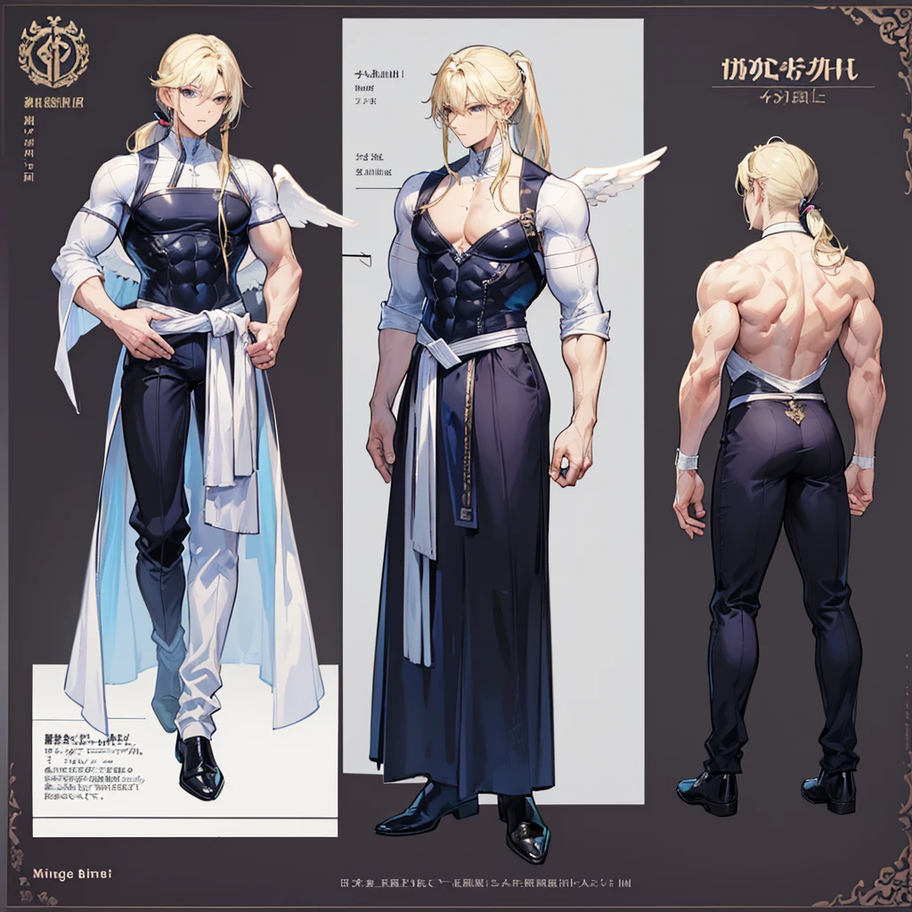 (Masterpiece, best quality), detailed, 1 man, ((character concept art)), ((character design sheet, same character, front, side, back)), full body, body complete, 1 Male angel, 1 Man angel, Detailed face, character design sheet，full bodyesbian, Highly detailed, character sheet, character design, Many parts, dark skin, angel wings, long ponytail blonde hair, angel outfit, muscle male god, male clothes, masculine, muscle man, male muscle, manly, male angel, Muscle male with long ponytail blonde hair，beautiful man, beautiful muscle man