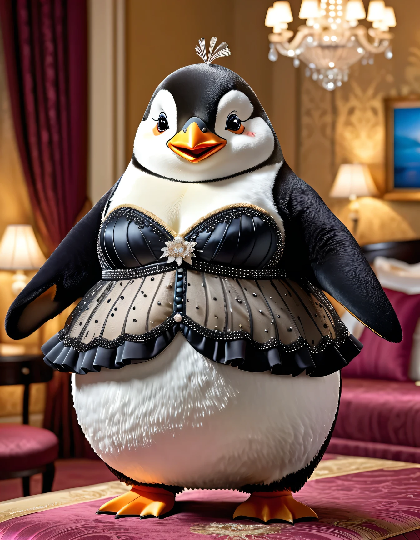 photorealistic portrait of Dressed animals-a ((fat)) cute ((penguin)) dancer,(), (elegant pose:1.5), (hands on hips:1.5),(happy smile:1.5),high quality,(happy),(lovely) ,intricate details, Wearing bustier, (), highly detailed ((bustier)) ,highly detailed decorations of clothes, Fishnet panty horse , (happy), soft lighting,(full body image:2.0),luxury hotel room background,(high heels),(looking at viewer:1.5)