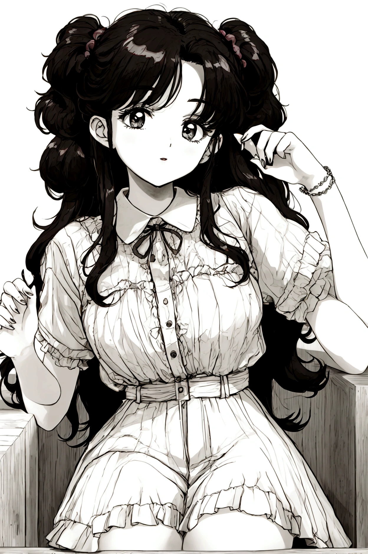 An anime girl, 80s style, taking a break from work