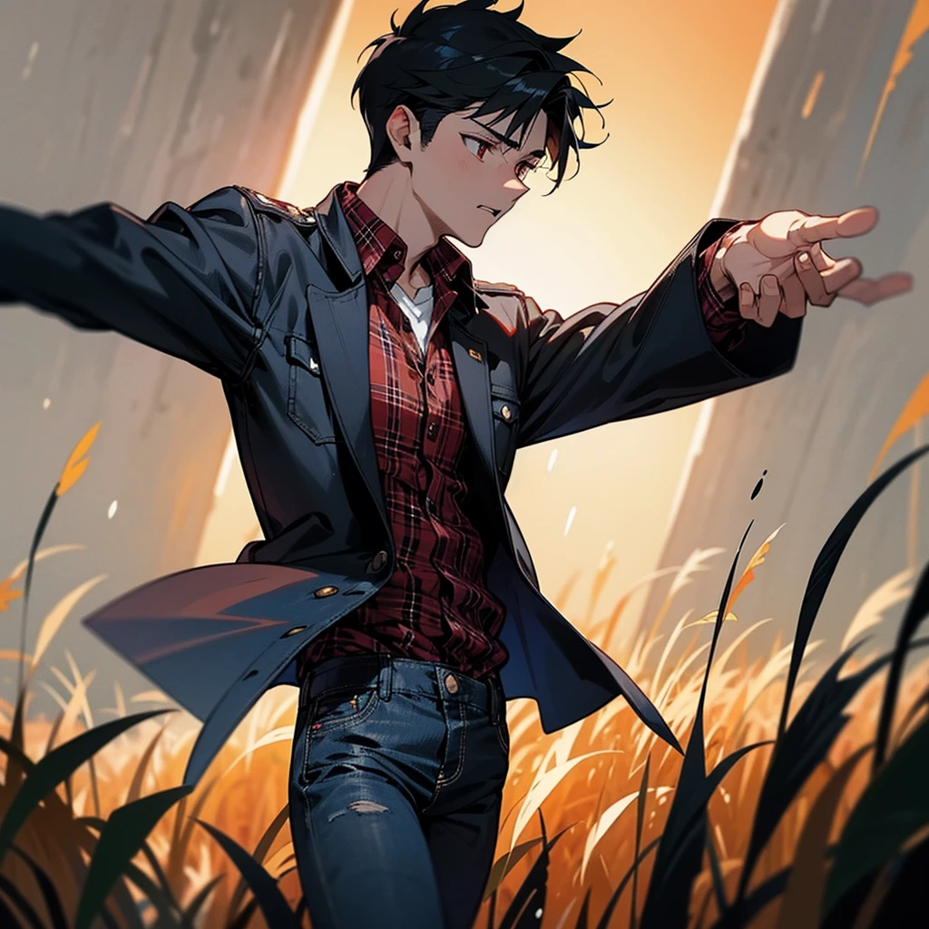 Create pages for a comic book with the boys style,a horror story in a cornfield at night,with rain and a scary monster,and it has a male character like dean winchester,in black denim jacket and red plaid shirt.
