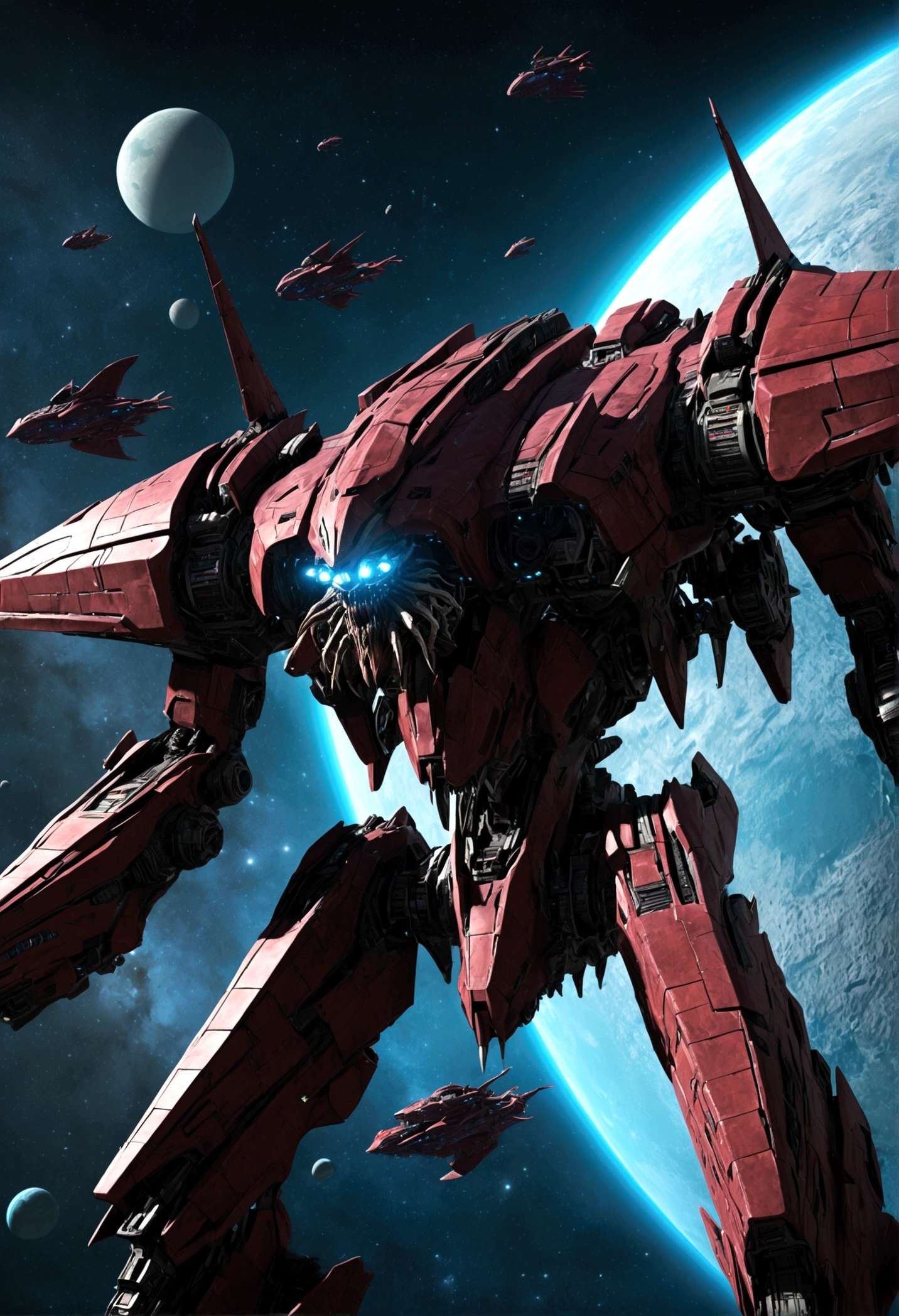 a fleet of gothic imperial dreadnought warships, tyranid bio ships, epic space battle, lush planet, (best quality,4k,8k,highres,masterpiece:1.2),ultra-detailed,(realistic,photorealistic,photo-realistic:1.37),dramatic lighting,cinematic composition,intricate details,dynamic camera angle,vibrant colors,dramatic shadows,sci-fi,concept art