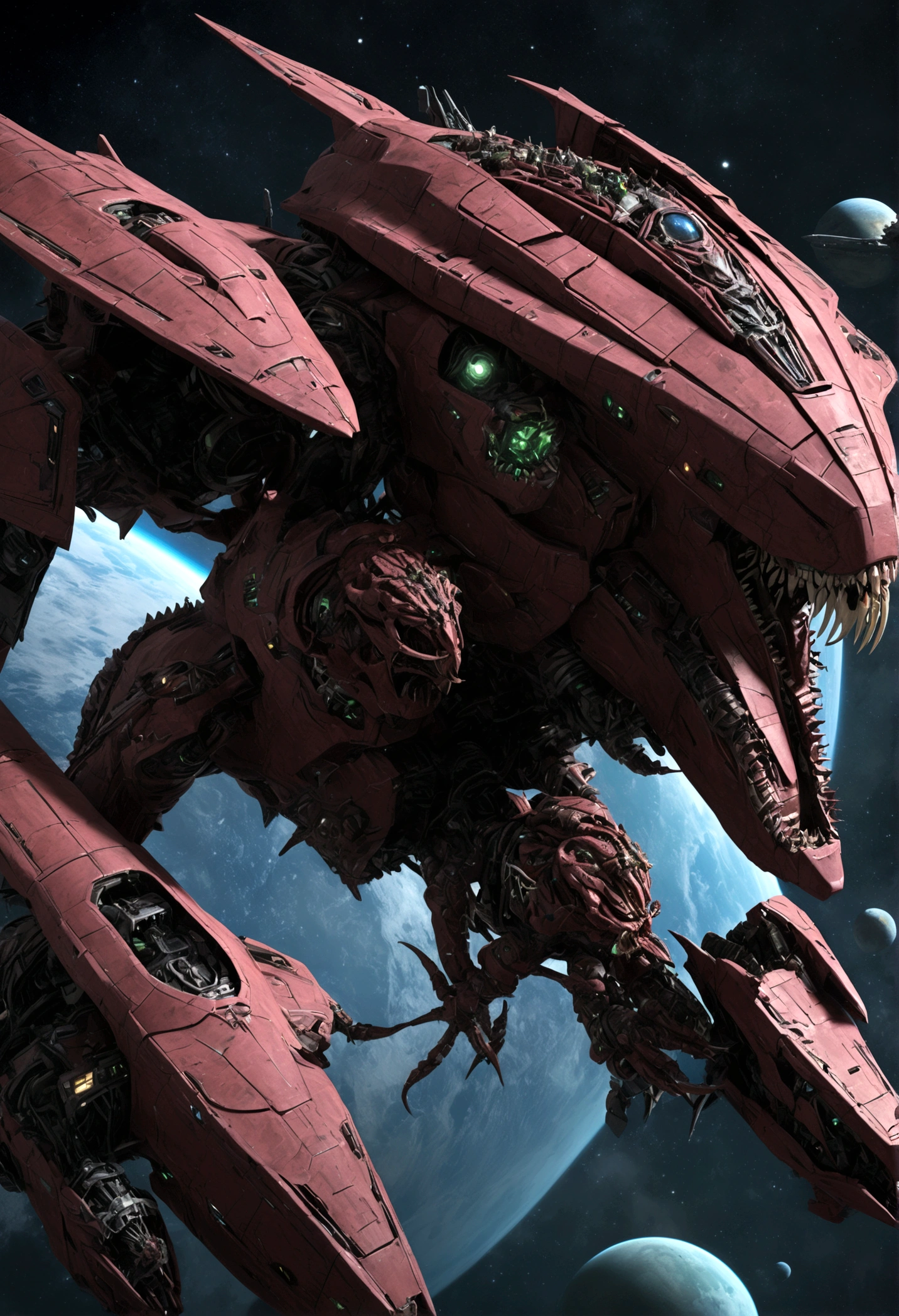 a fleet of gothic imperial dreadnought warships, tyranid bio ships, epic space battle, lush planet, (best quality,4k,8k,highres,masterpiece:1.2),ultra-detailed,(realistic,photorealistic,photo-realistic:1.37),dramatic lighting,cinematic composition,intricate details,dynamic camera angle,vibrant colors,dramatic shadows,sci-fi,concept art