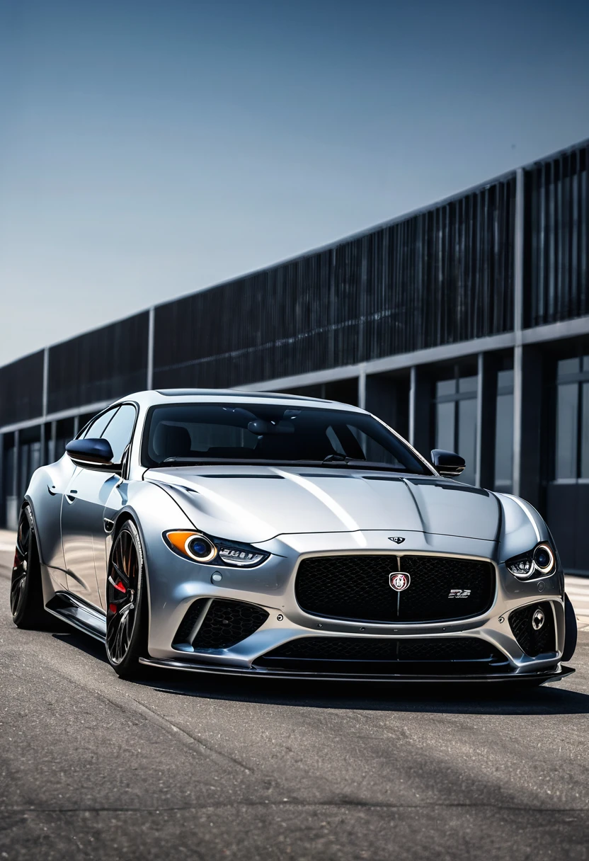 Imagine a seamlessly blended mashup between (Bentley) and (Jaguar XE SV PROJECT 8), a Bentley with a (((Maserati Ghibli front grille)))^500 while maintaining the (((original Bentley lights)))^100, with a hint of AMG, CT5-V, Lamborghini and Mazda RX8. It has an aggressively styled full bodykit reminiscent of Rocket bunny or (Vennum-Black), with silver or carbon fiber accents. and is built for performance and speed. It is bold, sleek, fast, luxurious, imposing and intimidating. It has stance, aggressive lines, huge black concave wheels and a bold (((large rear spoiler)))^500. It is iconic and is shown in various rich vibrant luxurious paintwork. It has an air intake or scoop in the hood to cool the 6.3L v12 twin turbo engine. (((The subject is centered and fully in frame))), and is incredibly photorealistic with UHD 8K CLARITY. IT Is taken IN WIDE ANGLE. (((The image shows the whole vehicle in its entirety from the {front|side|back|3/4 angle}))). The vehicle has a (((wide body))) and (((fender flares))), giving it the appearance of having ((big hips and muscular shoulders)), along with its ((widened rear track)) for better handling, giving it a strong dominant and imposing presence on the road. It has the latest technology on board and uses LED lasers for its headlights and taillights. It is next generation, ((modern and futuristic)). It is handsome and (muscular) with a very expensive price tag only for the wealthy elite,