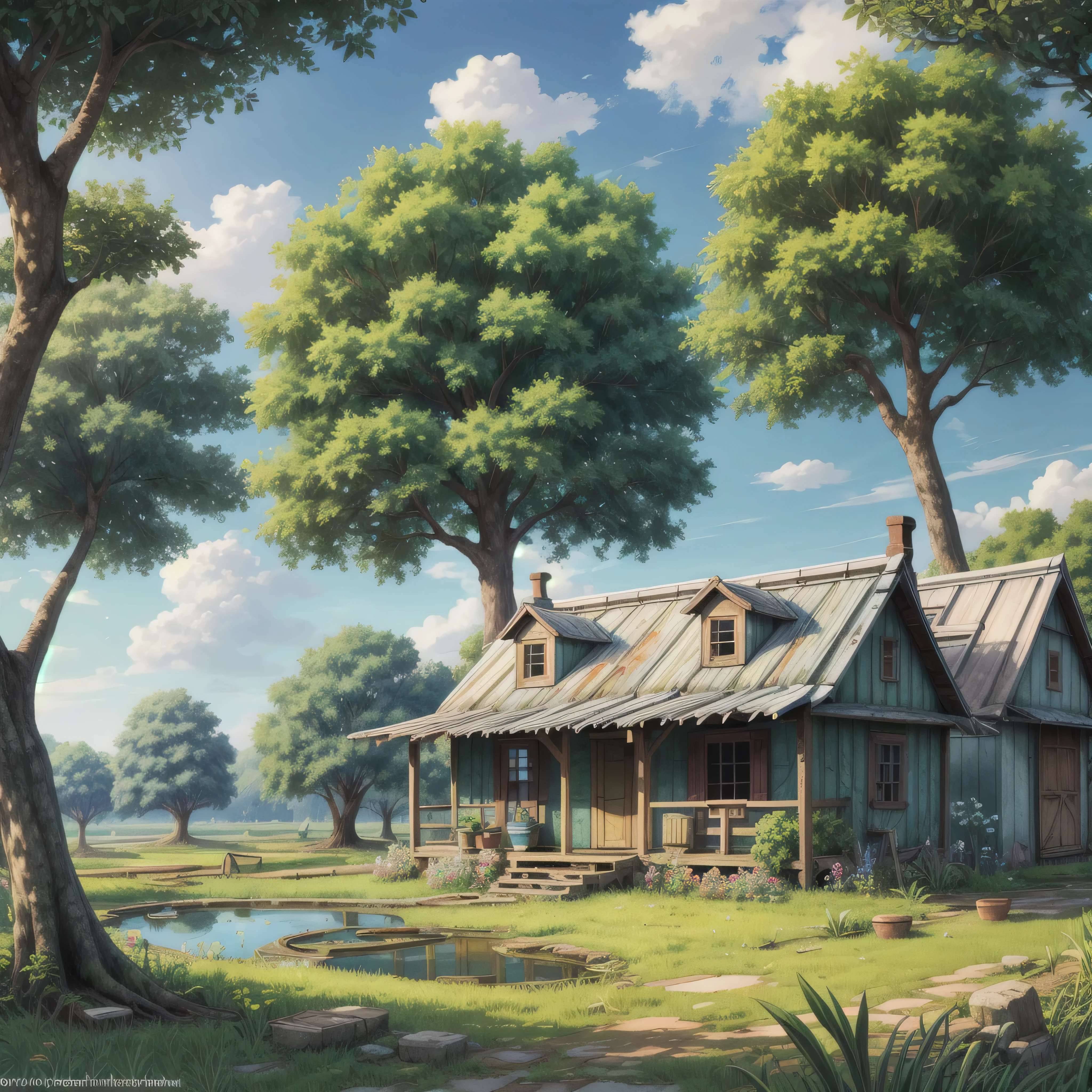 Draw an anime simple art scene of a farmer's hut in field with cracked walls and faded paint, pond nearby, earthern pots outside, colorful clothes drying outside, evening, single streetbulb, cloudy sky, trqactor parked outside, banyan tree, no human, vibrant color tones, dim light, masterpiece