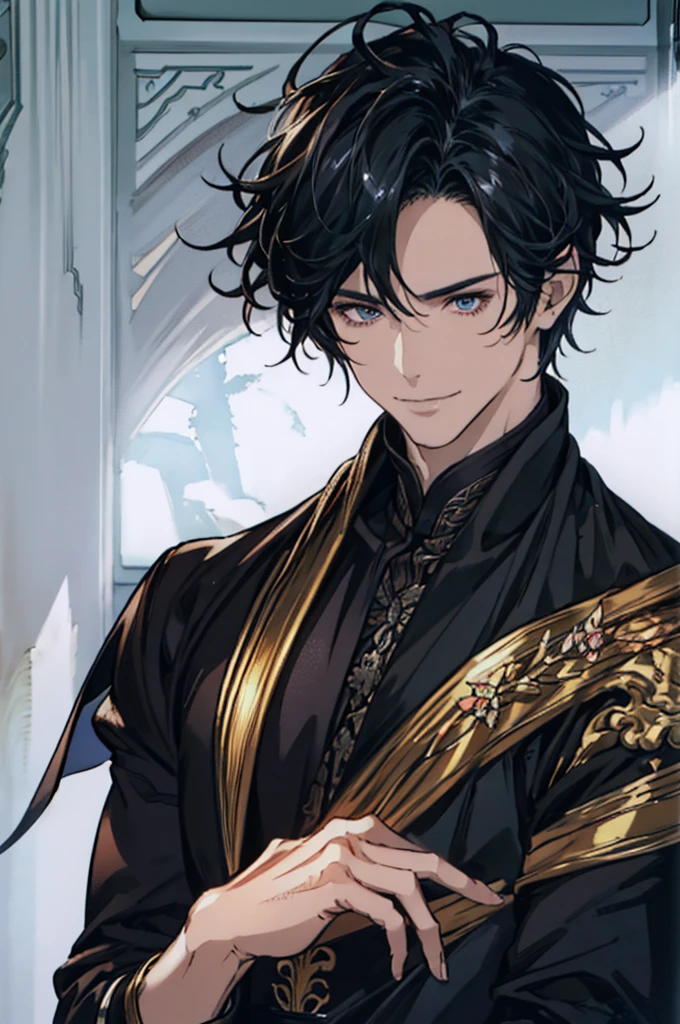 Masterpiece, Highest quality, realistic, A quiet and charming young man, 30 years old, smile, gag, Portrait ,Black Knight Armor , black fur shawl(Masterpiece,best quality,special, (Broad shoulders)) (muscle), black hair, short hair, blue eyes , ภาพระยะใกล้ของบุคคลในเสื้อคลุมสีดำและblack hair, Whole Xianxia, beautiful male angel of death, Vampire Fashion, Wearing a noble black suit, Detailed anime character art, Male vampire of the Banu tribe, Hakim., Long black robe and full black body., ด้วยshort hairสีดำของเขา, curly hair, Details of the face of a 30 year old man, อะนิเมะที่สมจริงเป็นspecial, golden eyes no emotions, intj, wise, gold, golden, รอยsmile, smile