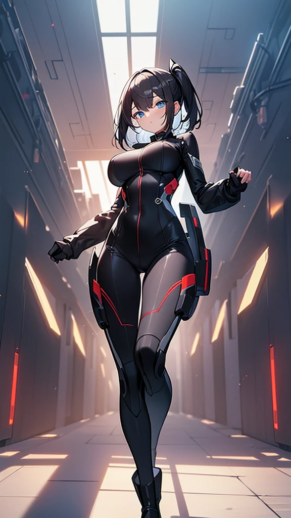 (Highly detailed CG Unity 8k wallpaper,masterpiece, Biological, whole body),(Best lighting, Best Shadow, Very delicate and beautiful),(One girl),blue eyes, Big Breasts, Black Hair,Red and black off-the-shoulder SF bodysuit,Neck Seal,High-tech sci-fi corridor, Dynamic pose, Detailed Machinery, Sleek design., {{An extraterrestrial lifeform preys on girls and takes their place、Her breasts are bigger than a real girl's}}, Unknown sensation, Feels good, Vigorous movement, more, instinct, Female fall, Bouncing chest, locker, Real Girl Bones, NSFW