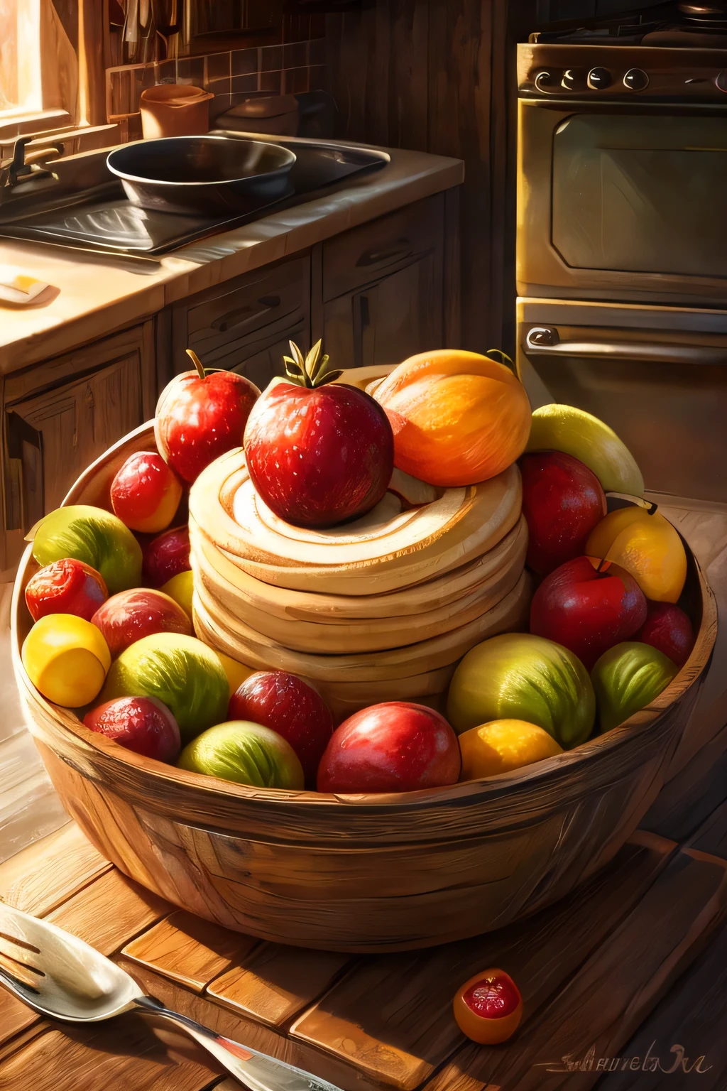 (Ultra detailed), a vibrant and enticing full size portrait of a luscious array of Fruit Rolls, bursting with colors and textures. Each roll is meticulously crafted with intricate details, showcasing the individual fruits enclosed within. The rolls are displayed in a tantalizing arrangement, their colors popping against a muted background. The sheen of the roll's outer layer is captured in stunning detail, reflecting the soft lighting that illuminates the scene. The portrait is set in a rustic kitchen, with aged wooden counters and vintage kitchen utensils in the background, adding a sense of nostalgia and warmth. The overall composition is artistically balanced,