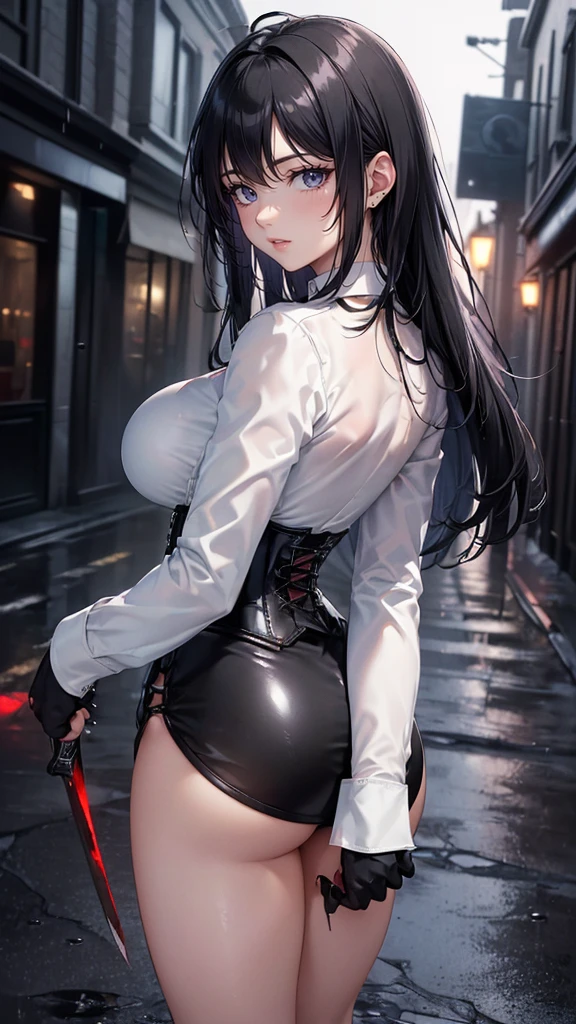 Masterpiece, Best Quality, (perfect anatomy,realist:1.3, view from behind, big ass focus facial,(without looking at the viewer:1.2), (1 girl in:1), 1 woman, (big breasts:1.2), sexy body, thin waist, Attractive front curves, round and soft chest, disgusted face, (black fur:1.6, Waist length hair), evening, Heavy Rain, exterior, City, crop top, choker 1:6, (White long sleeve collar shirt:1.4), (corset black leather), black gloves covering hands, (shiny black tight mini skirt), blood stains, Dark alley, blood splattered on the floor, bright red light, bright Eyes, depth of field, holding a sword, night sky, Atmosphere, perfect hands