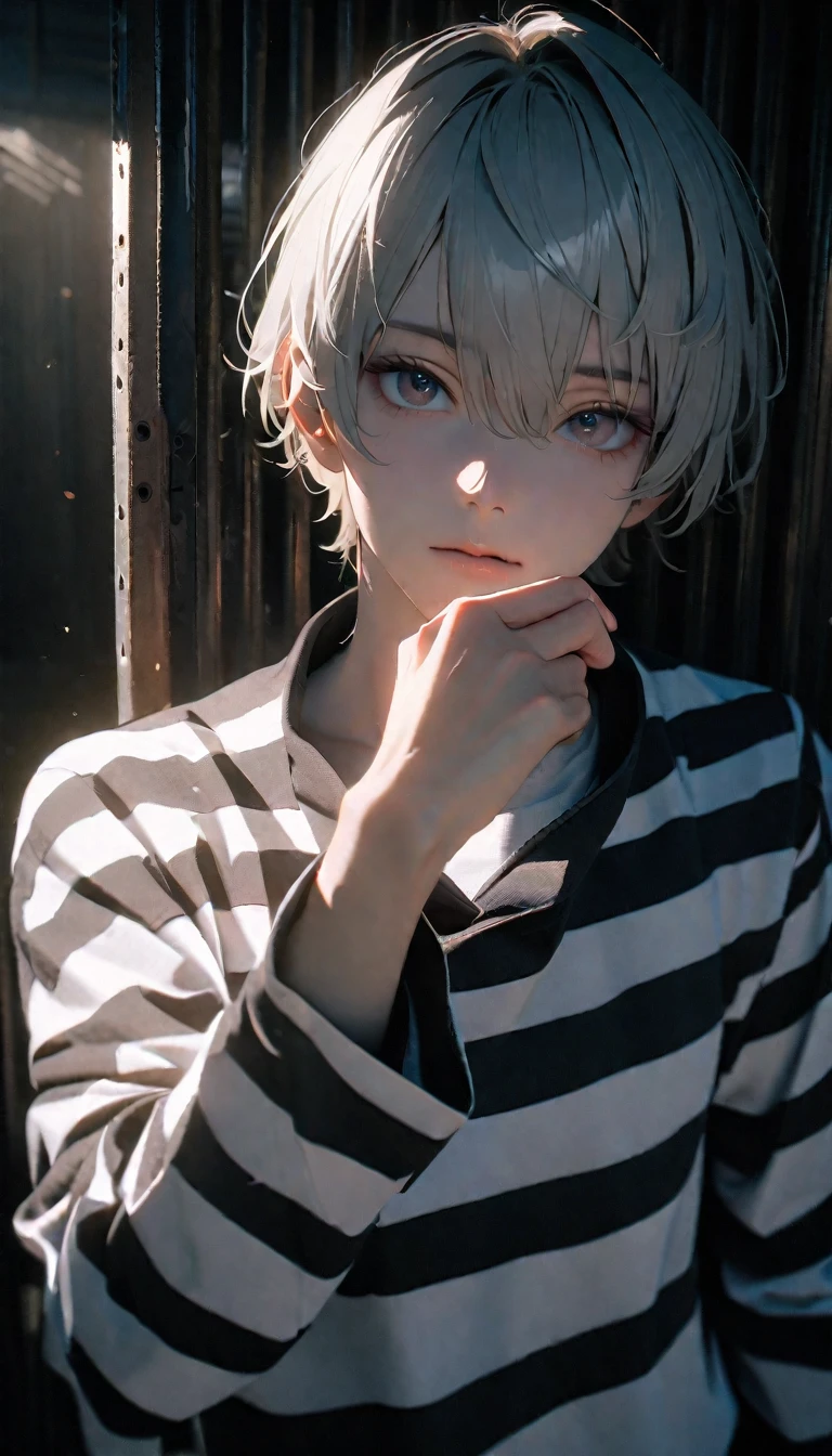 (8K, RAW photos, best quality, masterpiece: 1.4), (((Boy looking at his palm)))，Ultra-high resolution, Extremely detailed, light, Upper body close-up, handsome boy, black eyes, (delicate eyes, Eyes are bright:1.2), Gray short hair, Fair skin,dark, Black and white striped prison uniform,Black and white striped prison pants,(perfect anatomy:1.2), High-quality shadows, Natural Lighting, (White highlights:1.2), night, cloudy day, (Dark room:1.2), (The prison is surrounded by steel walls.:1.2)