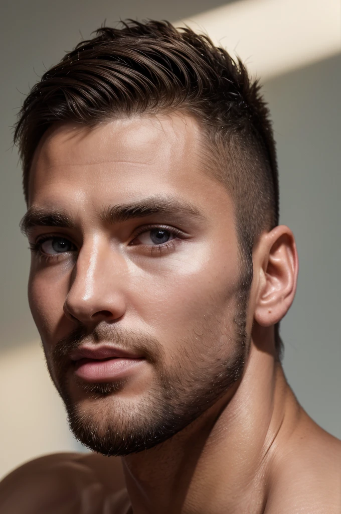 (8K、RAWE Photo、Highest quality、masterpiece:1.2)、(Real、Photorealistic:1.37)、Super detailed、Ultra-high resolution、1 male、(Feather Cut: 0.6)、Professional Lighting、The lighting is bright、Actor、model、Daytime、bright , simple background ,Simple Background、Slender、beard、front、Face close-up、front Face、