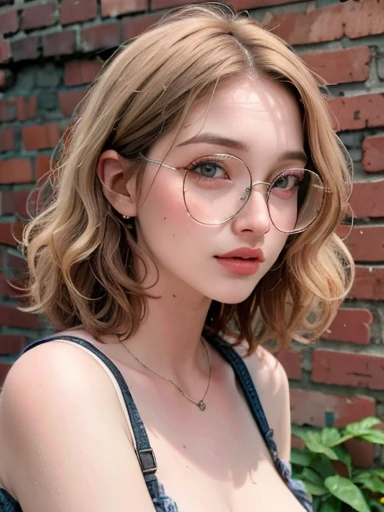 dynamic close-up of the upper part of 1 Extremely slim and beautiful albino woman with freckles, perfect body, shapely face, skin with highly detailed depth, she stands Against a brick wall, (haircut, wavy blonde hair), (detailed eyes, large, bright, light brown eyes, curled eyelashes, large glasses), (making a sensual pout with her mouth), wearing a short sweater showing off her shoulders, ultra realistic image, vibrating and spiky, dynamic vision, high quality 32k, hyper- realistic, cinematic.