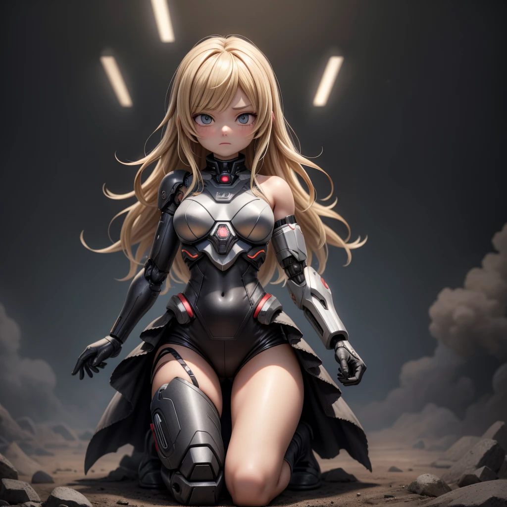 Ultra-high resolution masterpiece, A symbol of the highest quality digital art. This image focuses on a female cyborg, On his knees in despair amid the smoke and flames of the battlefield. Her wavy blonde hair cascades down to her shoulders, 彼女の黒いラテックスのボディsuitとメタリックな手足とのコントラストが鮮やかだ. suit, Torn apart by the chaos of battle、It's worn out, A glimpse of her torn and bruised flesh.
Monochrome background, Charcoal grey and ash blend, Emphasise the cyborg's haggard and disfigured appearance. The voluminous lighting highlights her metallic body parts., Long Cast, Dramatic Shadows