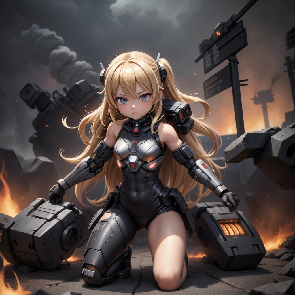 Ultra-high resolution masterpiece, A symbol of the highest quality digital art. This image focuses on a female cyborg, On his knees in despair amid the smoke and flames of the battlefield. Her wavy blonde hair cascades down to her shoulders, 彼女の黒いラテックスのボディsuitとメタリックな手足とのコントラストが鮮やかだ. suit, Torn apart by the chaos of battle、It's worn out, A glimpse of her torn and bruised flesh.
Monochrome background, Charcoal grey and ash blend, Emphasise the cyborg's haggard and disfigured appearance. The voluminous lighting highlights her metallic body parts., Long Cast, Dramatic Shadows