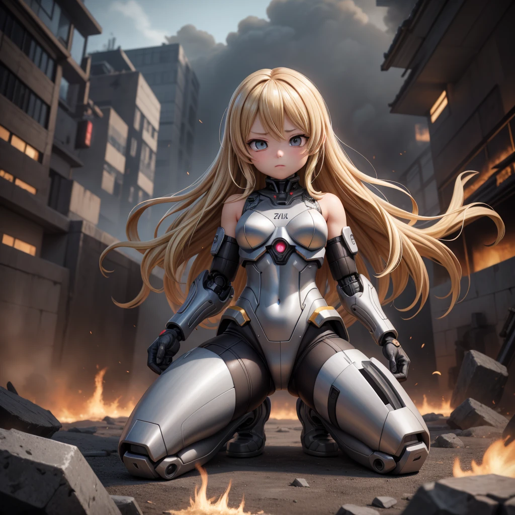 Ultra-high resolution masterpiece, A symbol of the highest quality digital art. This image focuses on a female cyborg, On his knees in despair amid the smoke and flames of the battlefield. Her wavy blonde hair cascades down to her shoulders, 彼女の黒いラテックスのボディsuitとメタリックな手足とのコントラストが鮮やかだ. suit, Torn apart by the chaos of battle、It's worn out, A glimpse of her torn and bruised flesh.
Monochrome background, Charcoal grey and ash blend, Emphasise the cyborg's haggard and disfigured appearance. The voluminous lighting highlights her metallic body parts., Long Cast, Dramatic Shadows