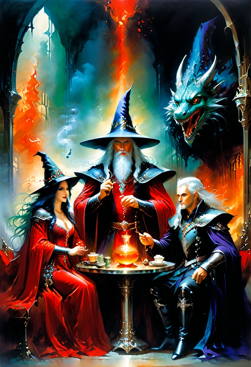 Three magical characters are sitting together in a diner. There is a wizard in a red robe on the left and he is in a bad mood. A witch is sitting in the middle, wearing purple and silver armor, and she has a happy expression on her face. There is a wizard in a blue robe on the right. on his right hand sits a tiny emerald dragon