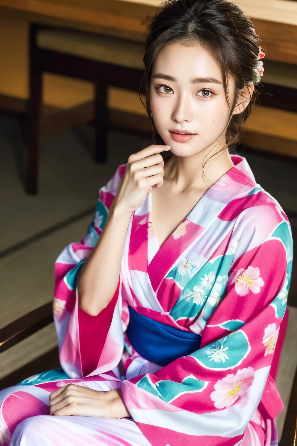 ((masterpiece、top-quality、ultra-definition、hight resolution))、solo、a beauty girl、radiant eyes、perfect eyes、Beautiful girl with Japan、18year old、natta、Yukata with red floral pattern、My chest fluttered、high-level image quality、4K、clean legs、sit a chair、
