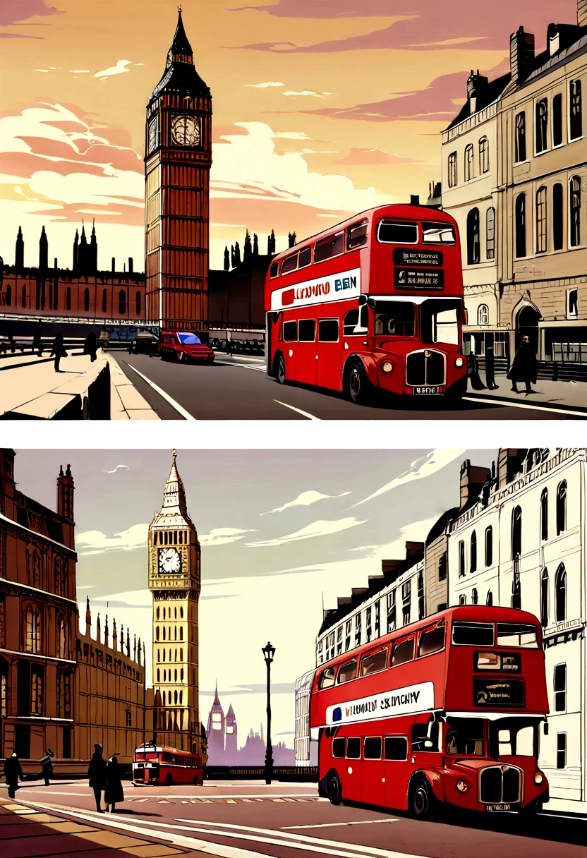 A picture of a red double-decker bus driving down the street, London bus, the Big Ben is in background, 背の高いBeautiful paintings, London Big Ben at background, Big Ben, London, London streets in background, architectural painting, beautiful retro art, Houses of Parliament, British street background, the Houses of Parliament, Inspiring art, Beautiful paintings