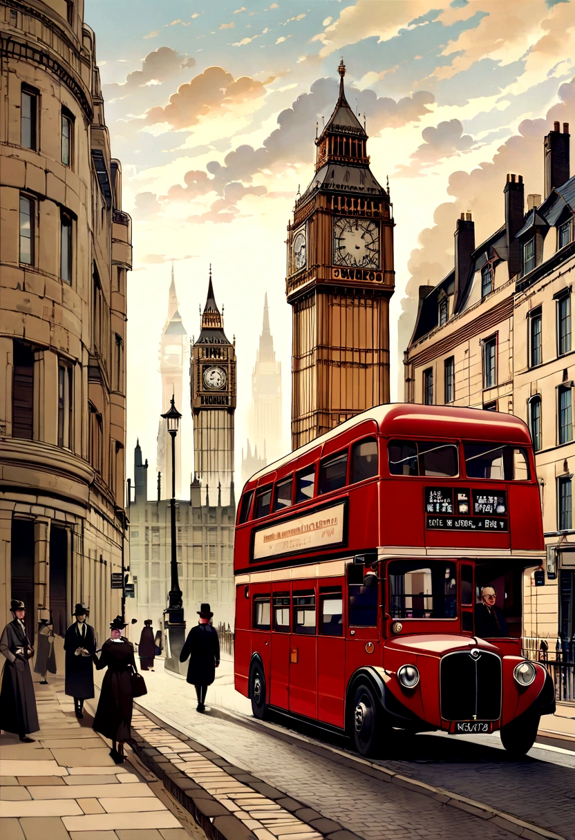 A picture of a red double-decker bus driving down the street, London bus, the Big Ben is in background, 背の高いBeautiful paintings, London Big Ben at background, Big Ben, London, London streets in background, architectural painting, beautiful retro art, Houses of Parliament, British street background, the Houses of Parliament, Inspiring art, Beautiful paintings