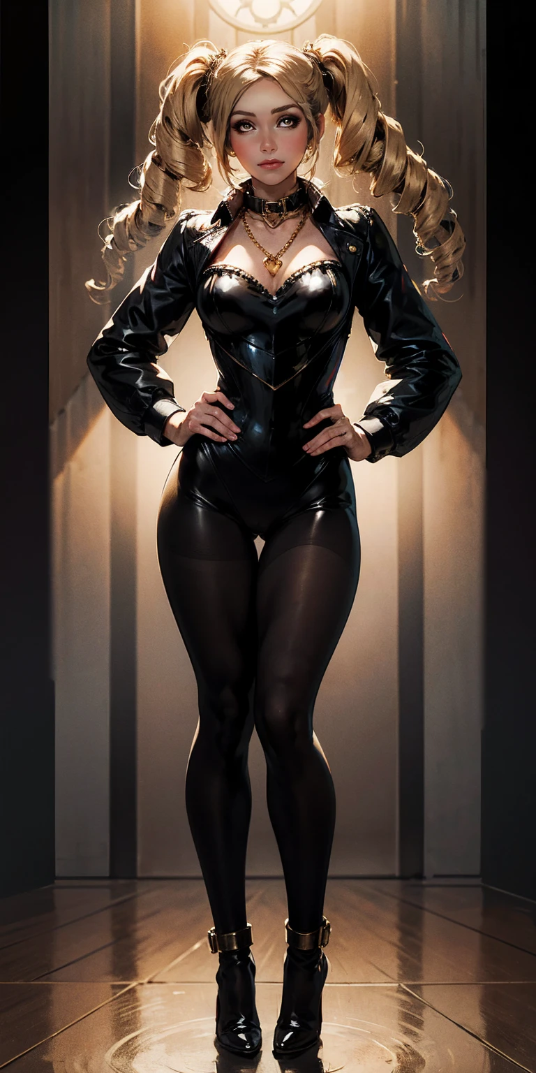 1solo Milf full body standing straight symmetrical, looking at viewer, hands on hips, twin drills twintails, striped pantyhose, golden handcuffs on their hands with a black leather collar around the golden heart necklace, hands on hips, lustful smirking smile face red blushed