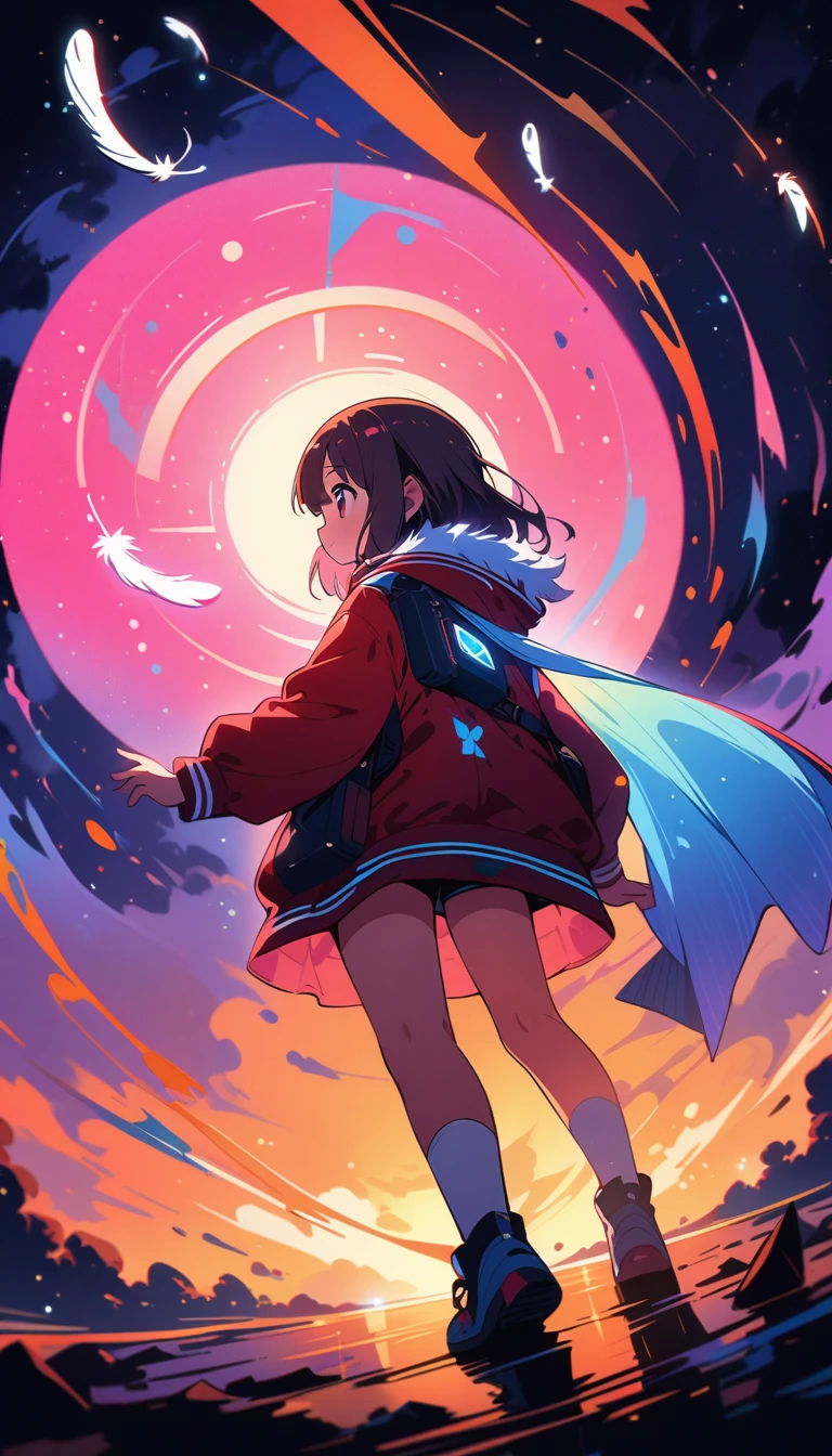 (最high quality, 4K, Attention to detail, high quality:1.2), Ultra-high resolution, (retina:1.1), Cinema Lighting, 1girl, cute, Illustration Style, whole body, White feathers on the back,fly in the sky