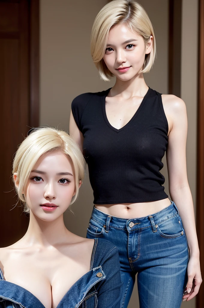 (masterpiece:1.3), (8K, Photorealsitic, Raw photography, Top image quality: 1.4), Japan high school girls、(Random hairstyles:1.2)、Small breasts、Super Detail Face、Eye of Detail、double eyelid、Bring your chest together、sharp focus:1.2、prety woman:1.4、Perfect skin、shiny skin、Blondish White hair、top-quality、masterpiece、 high resolution、(Photorealsitic:1.4)、Highly detailed and professional lighting smile、Black Crop Top、Blue Denim Jeans、Slender、Light smile、Short hair、Elegant Posing