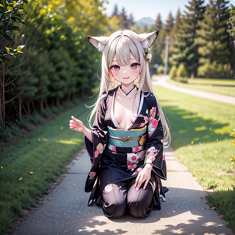 (Fox Girl, Fox Ears, Silver Hair, Fox Makeup, One Girl, Long Hair:1.6), (kimono, Kimono with open chest, A beautiful kimono with red and black patterns, Open chest, Exposed skin:1.8), (Body measurements are 75-60-75!, Young girl body, Small breasts, Small breasts, Ready your weapon, face down, Assault Rifle:1.9), Avatar, face, lewd face, Dominant representation, naughty face, Uplifting, Skin Texture, outside, Grassy field