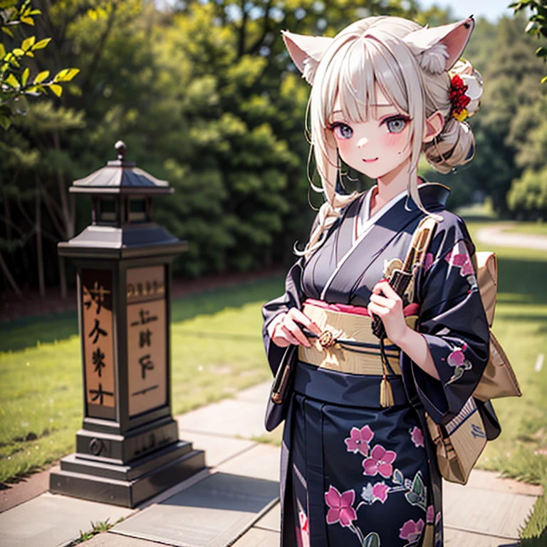 (Fox Girl, Fox Ears, Silver Hair, Fox Makeup, One Girl, Long Hair:1.6), (kimono, Kimono with open chest, A beautiful kimono with red and black patterns, Open chest, Exposed skin:1.8), (Body measurements are 75-60-75!, Young girl body, Small breasts, Small breasts, Ready your weapon, face down, Assault Rifle:1.9), Avatar, face, lewd face, Dominant representation, naughty face, Uplifting, Skin Texture, outside, Grassy field