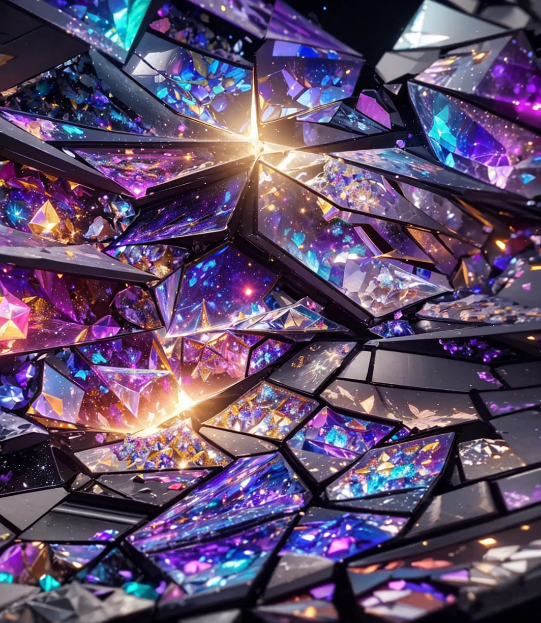 a close up of a bunch of glass shards with a light shining through them, shards and fractal of infinity, fractal crystals, colourful 3 d crystals, fractal glass, mesmerizing fractal hypercubes, 4k highly detailed digital art, ultra-detailed digital art, intricate sparkling atmosphere, vibrant. fractal gems, glowing stained glass backdrop, crystalized
