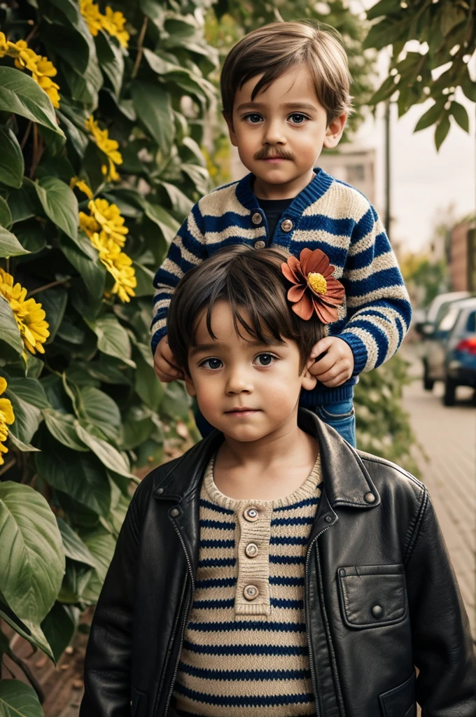 A Pixar animation old lady with book hair and flower shirt 3  boy pretty eyes with striped sweater and straight hair old man with mustache shirts and leather jacket 3 year oldtty leaves