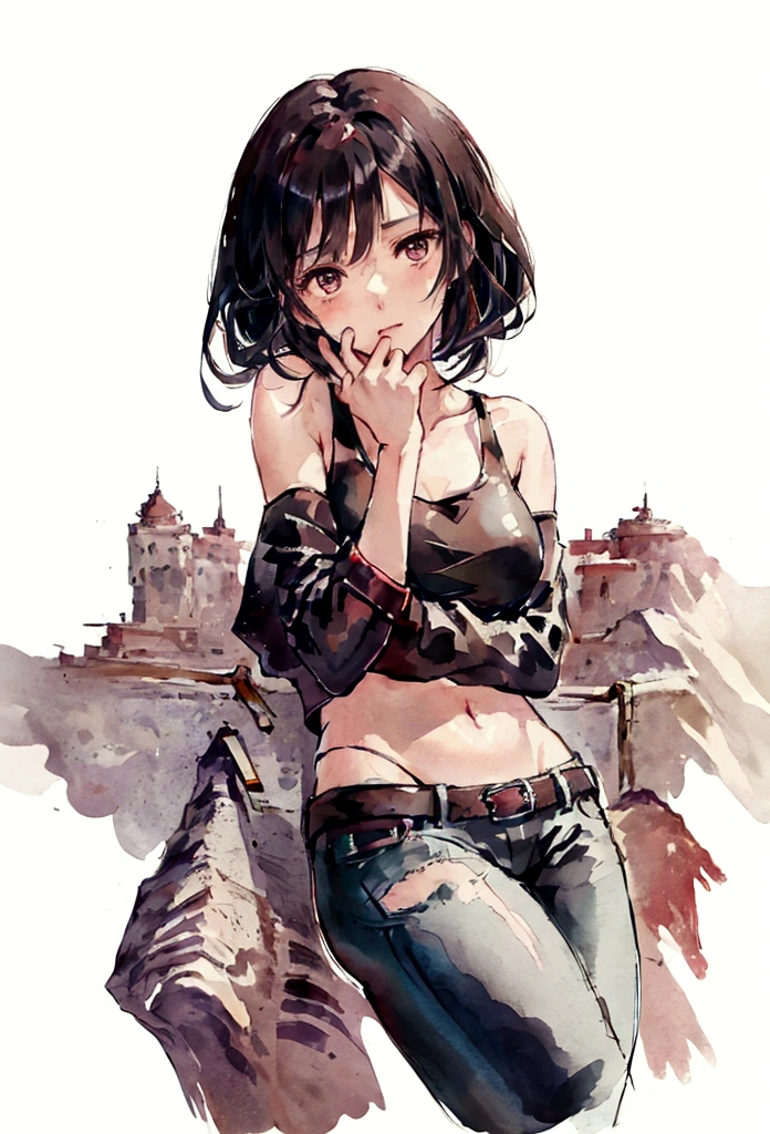 (masterpiece), best quality, expressive eyes, perfect face,1_girl, sexy girl, cropped shirt, Summer Smith, red and black hair, shoulder length hair, leather tank top, leather pants