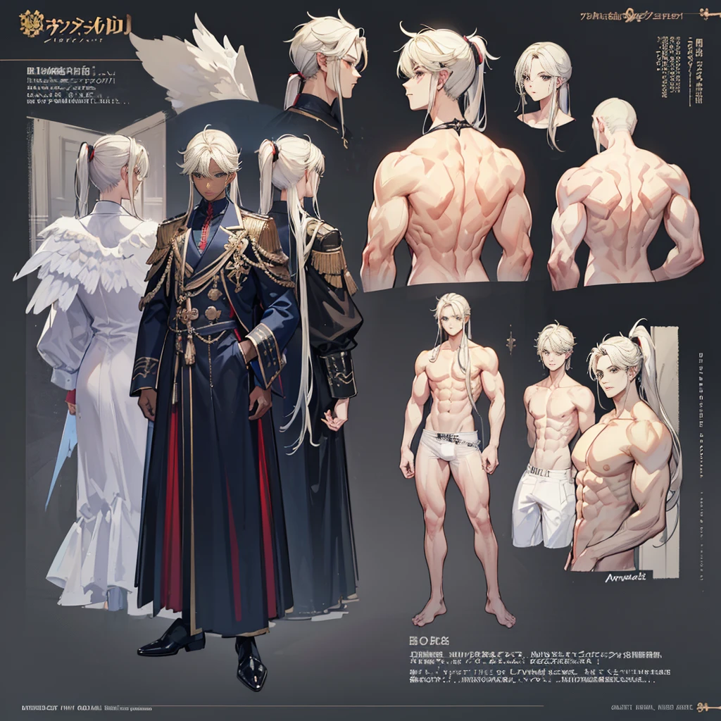 (Masterpiece, best quality), detailed, 1 man, ((character concept art)), ((character design sheet, same character, front, side, back)), full body, body complete, 1 Male angel, 1 Man angel, Detailed face, character design sheet,full bodyesbian, Highly detailed, character sheet, character design, Many parts, dark skin, angel wings, long ponytail blonde hair, angel outfit, muscle male god, male clothes, masculine, muscle man, male muscle, manly, male angel, Muscle male with long ponytail blonde hair,beautiful man, beautiful muscle man, abs, pectoral muscle