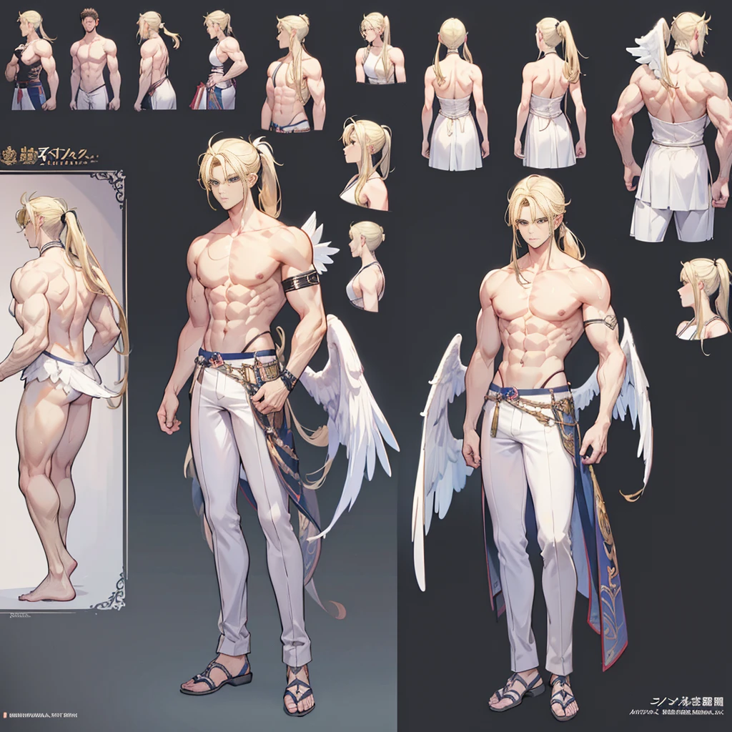 (Masterpiece, best quality), detailed, 1 man, ((character concept art)), ((character design sheet, same character, front, side, back)), full body, body complete, 1 Male angel, 1 Man angel, Detailed face, character design sheet,full bodyesbian, Highly detailed, character sheet, character design, Many parts, dark skin, angel wings, long ponytail blonde hair, angel outfit, muscle male god, male clothes, masculine, muscle man, male muscle, manly, male angel, Muscle male with long ponytail blonde hair,beautiful man, beautiful muscle man, abs, pectoral muscle