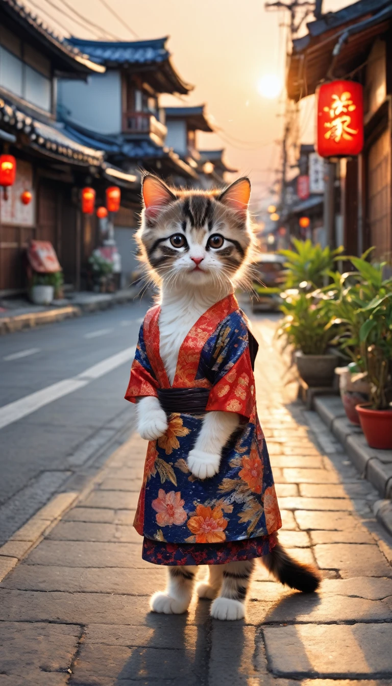  In the afterglow of the setting sun，A kitten standing on the street，It was wearing a small ragged dress，Patterns painted on clothes。The kitten has exaggerated makeup on his face，A beard is drawn around the mouth，Looks funny and cute。It stands on its hind legs，The front paws make the gesture of a lucky cat，There is an empty rice bowl next to iays &quot;Seeking dried fish&quot;。(best quality，4K，8K，High level，masterpiece：1.2），Extremely detailed，（lifelike，Photo real，Photo real：1.37），Detailed Animals，lifelike的灯光，Fantasy Creatures