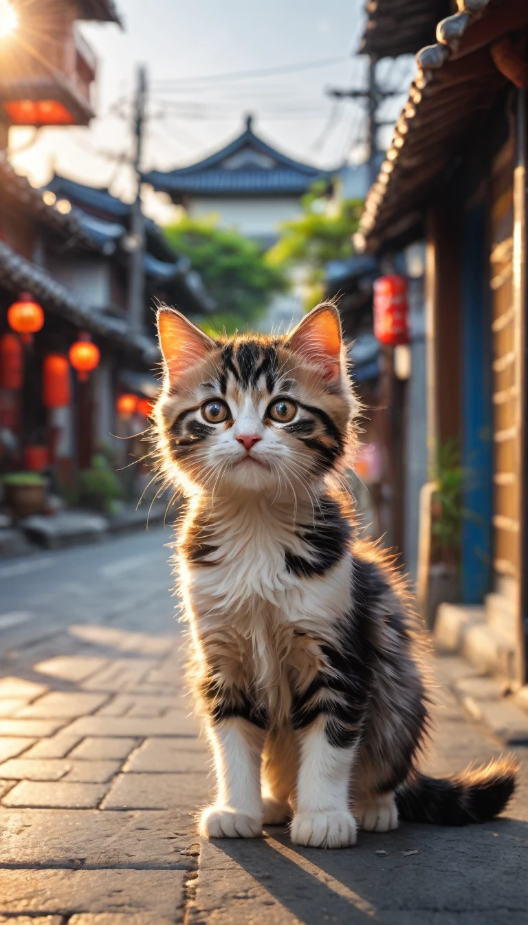  In the afterglow of the setting sun，A kitten standing on the street，It was wearing a small ragged dress，Patterns painted on clothes。The kitten has exaggerated makeup on his face，A beard is drawn around the mouth，Looks funny and cute。It stands on its hind legs，The front paws make the gesture of a lucky cat，There is an empty rice bowl next to iays &quot;Seeking dried fish&quot;。(best quality，4K，8K，High level，masterpiece：1.2），Extremely detailed，（lifelike，Photo real，Photo real：1.37），Detailed Animals，lifelike的灯光，Fantasy Creatures