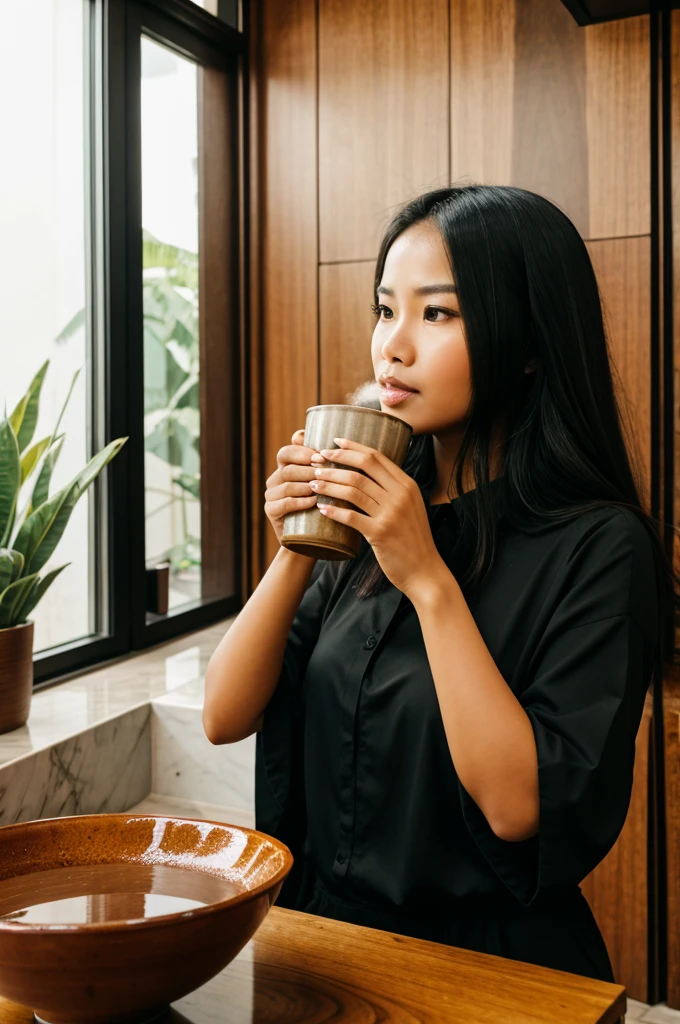 Indonesian woman drinking coffee out of a large bowl