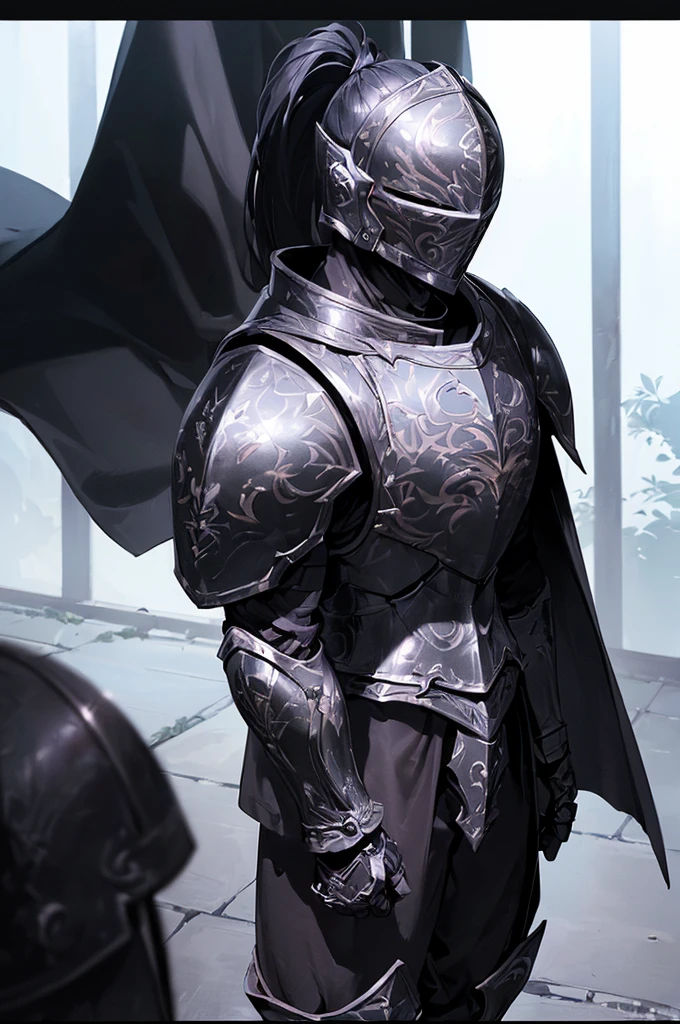 (masterpiece; best quality: 1.2), ((full armored knight man)), ((solo)), (black eyes: 1.4), (body; toned, lean, masculine: 1.3), (beautiful and clear background: 1.2), ((depth of field)), (equipment: full plate all-dark black-damascus realistic armor + closed helmet with ponytail + black cape: 1.3), (anime illustration: 1.2), (background composition; garden exterior + furniture: 1.1), (extremely fine and handsome: 1.1), (shot composition; standing + centered on torso + close-up: 1.5)