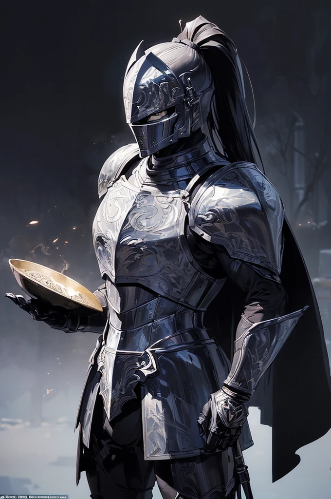(masterpiece; best quality: 1.2), ((full armored knight man)), ((solo)), (black eyes: 1.4), (body; toned, lean, masculine: 1.3), (beautiful and clear background: 1.2), ((depth of field)), (equipment: full plate all-dark black-damascus realistic armor + closed helmet with ponytail + black cape: 1.3), (anime illustration: 1.2), (background composition; garden exterior + furniture: 1.1), (extremely fine and handsome: 1.1), (shot composition; standing + centered on torso + close-up: 1.5)