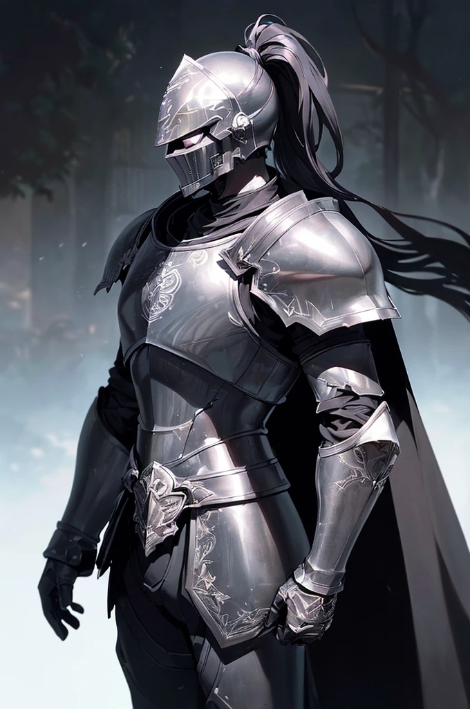 (masterpiece; best quality: 1.2), ((full armored knight man)), ((solo)), (black eyes: 1.4), (body; toned, lean, masculine: 1.3), (beautiful and clear background: 1.2), ((depth of field)), (equipment: full plate all-dark black-damascus realistic armor + closed helmet with ponytail + black cape: 1.3), (anime illustration: 1.2), (background composition; garden exterior + furniture: 1.1), (extremely fine and handsome: 1.1), (shot composition; standing + centered on torso + close-up: 1.5)