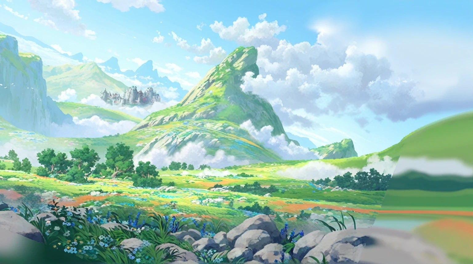 There is a painting，There is a mountain in the painting，There is a castle in the distance, Anime rural scenery, Anime Landscape concept art, Anime Landscape, Detailed scenery —width 672, beautiful Anime Landscape, Anime Background Art, Anime Landscape wallpaper, Epic Landscapes, Anime Landscape, Landscape Artwork, Mountain area, Composed of trees and fantasy valley, 2. 5D CGI anime fantasy artwork