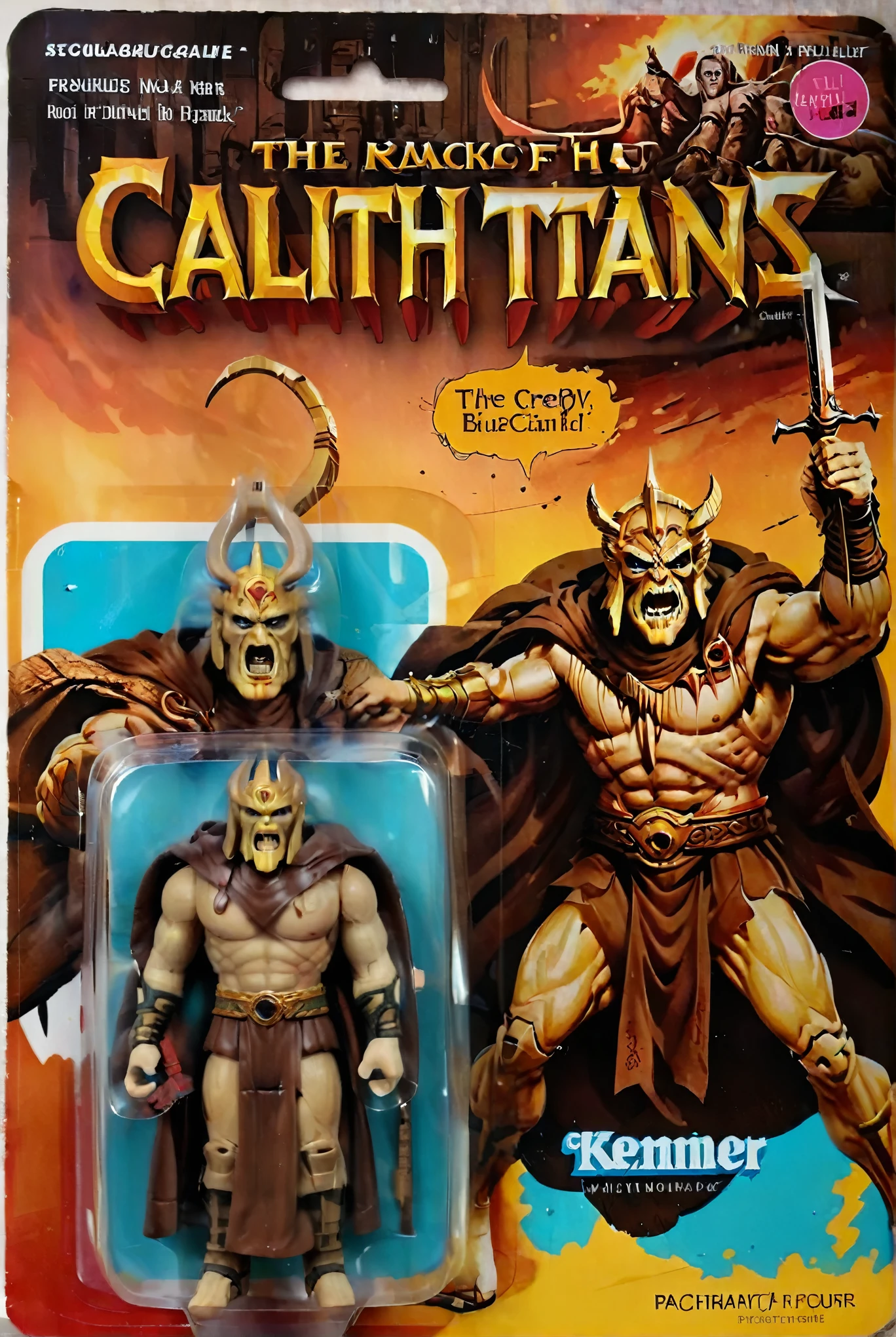 a toy figure of Calibos from a movie Wrath of Titans, wearing brown robe, package illustration the title bring creepy sword"Wrath of Titans Calibos", illustration large greek style temple on package
