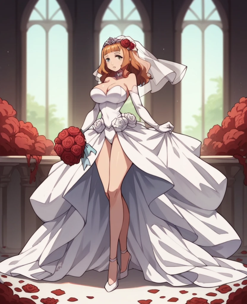 mimosa Vermillion, Women, defined body, big breasts, small waist, big butt, long legs, sexy legs, wedding dress, bouquet of red flowers, wedding altar