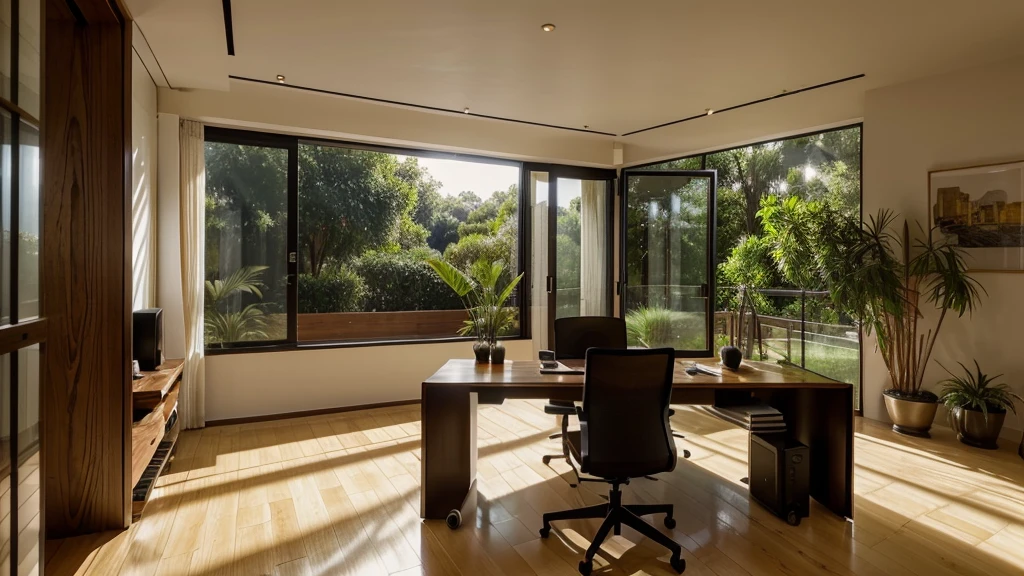 A modern home office setup, captured in an ultra-realistic and cinematic medium, features a sleek, minimalist black desk and chair, surrounded by lush green plants, which add a touch of natural elegance. A warm, yellow table lamp softly illuminates the space, casting a cozy glow on the dark, rich wood flooring. As the sun sets, the warm, orange-tinged evening light peeks through the window, subtly highlighting the state-of-the-art computer and accessories, creating a peaceful, focused atmosphere, perfect for a productive evening work session.