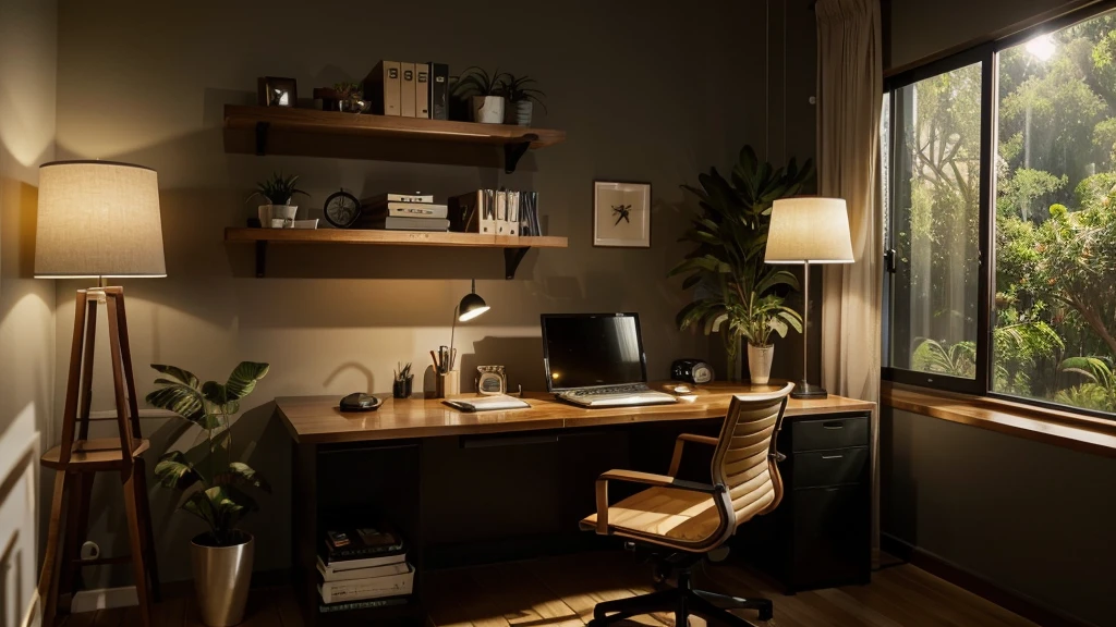 A modern home office setup, captured in an ultra-realistic and cinematic medium, features a sleek, minimalist black desk and chair, surrounded by lush green plants, which add a touch of natural elegance. A warm, yellow table lamp softly illuminates the space, casting a cozy glow on the dark, rich wood flooring. As the sun sets, the warm, orange-tinged evening light peeks through the window, subtly highlighting the state-of-the-art computer and accessories, creating a peaceful, focused atmosphere, perfect for a productive evening work session.