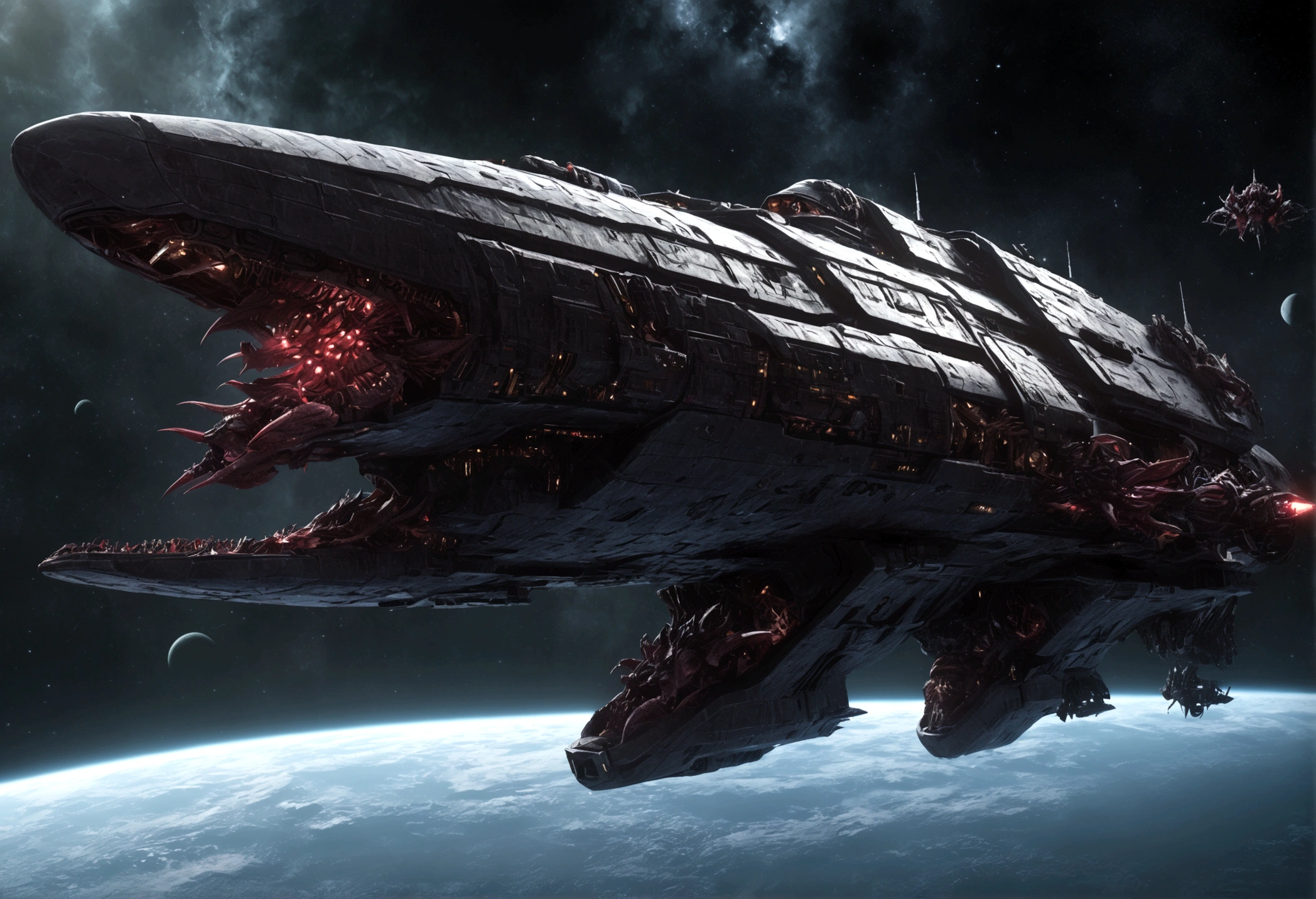 a fleet of gothic imperial space warships, tyranid bio ships, epic space battle, lush world, cinematic, dramatic lighting, hyper-detailed, 8k, award-winning, dramatic angles, dynamic composition, intense colors, volumetric fog, ray-traced reflections, physically-based rendering, masterpiece