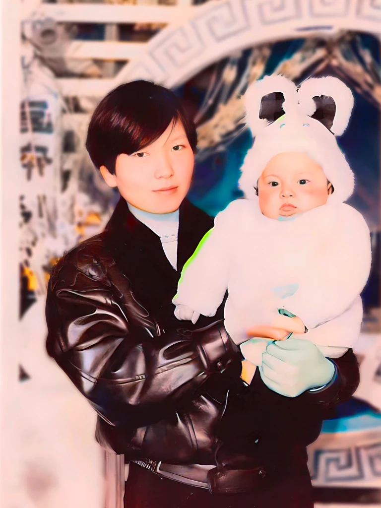 A woman holds a baby in a white bear costume with a child, With big rabbit ears,