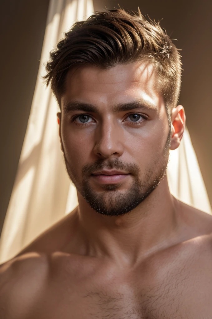 (8K、RAWE Photo、Highest quality、masterpiece:1.2)、(Real、Photorealistic:1.37)、Super detailed、Ultra-high resolution、1 male、(Feather Cut: 0.6)、Professional Lighting、The lighting is bright、Actor、model、Daytime、bright , simple background ,Simple Background、Slender、beard、front、Face close-up、front Face、Two Block、all back、