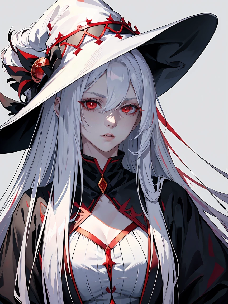 handsome woman，red-eyes，red pupils，Long white hair, grey skin, looks ill, Hyperresolution，accuracy，Detailed rendering，（Subtle facial image）（Image of fine hair）（topquality）（Masterpieces of masters）（High degree of completeness）（A sense of atmosphere）tmasterpiece，Super detailed and super detailed（half-body portrait), large witch hat, ankle length white straight hair, fierce look in her eyes,